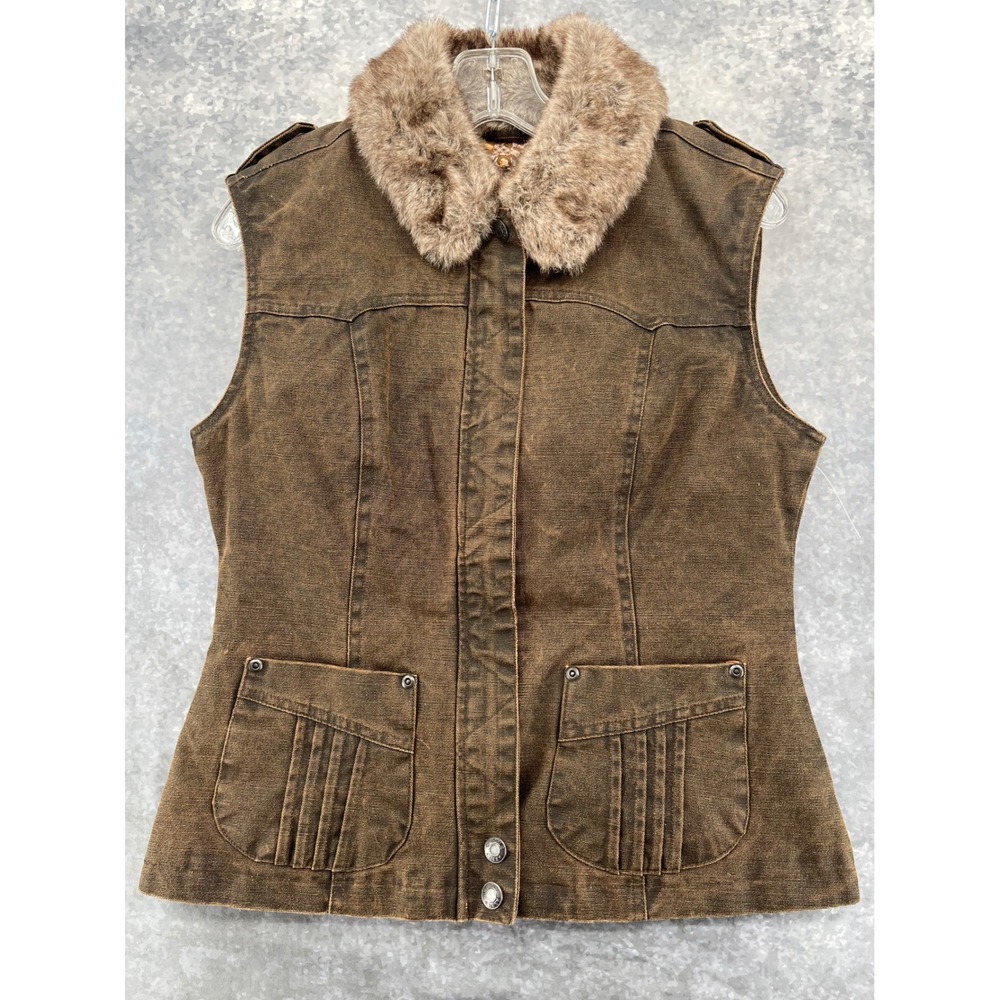 Cripple Creek Ranchwear Vest Womens Sm NWT Brown Ex Faux Fur Trim Western